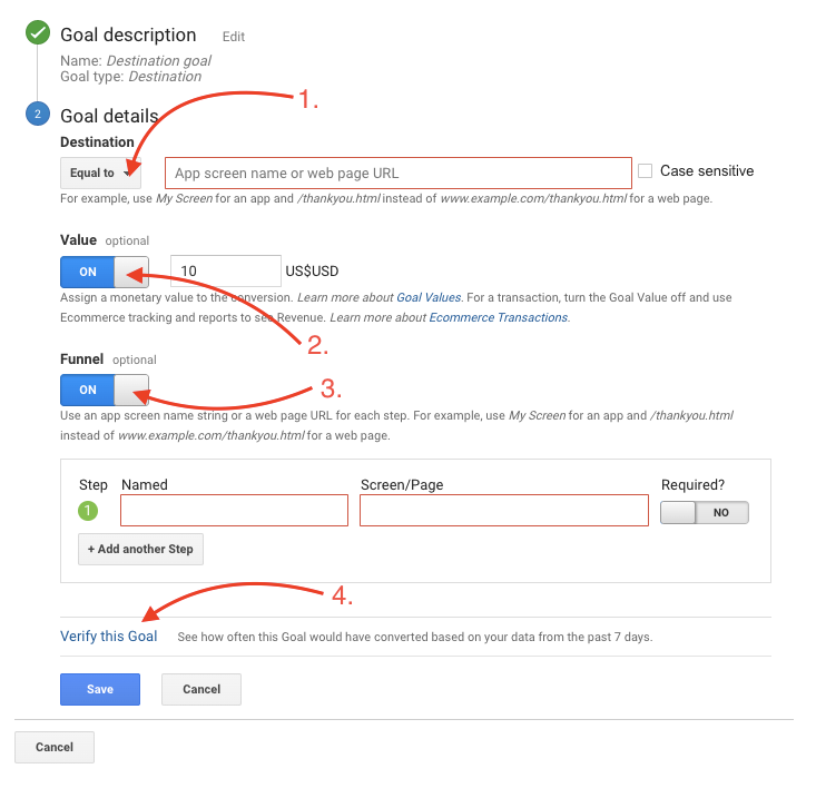 Google Analytics Destination goal setup